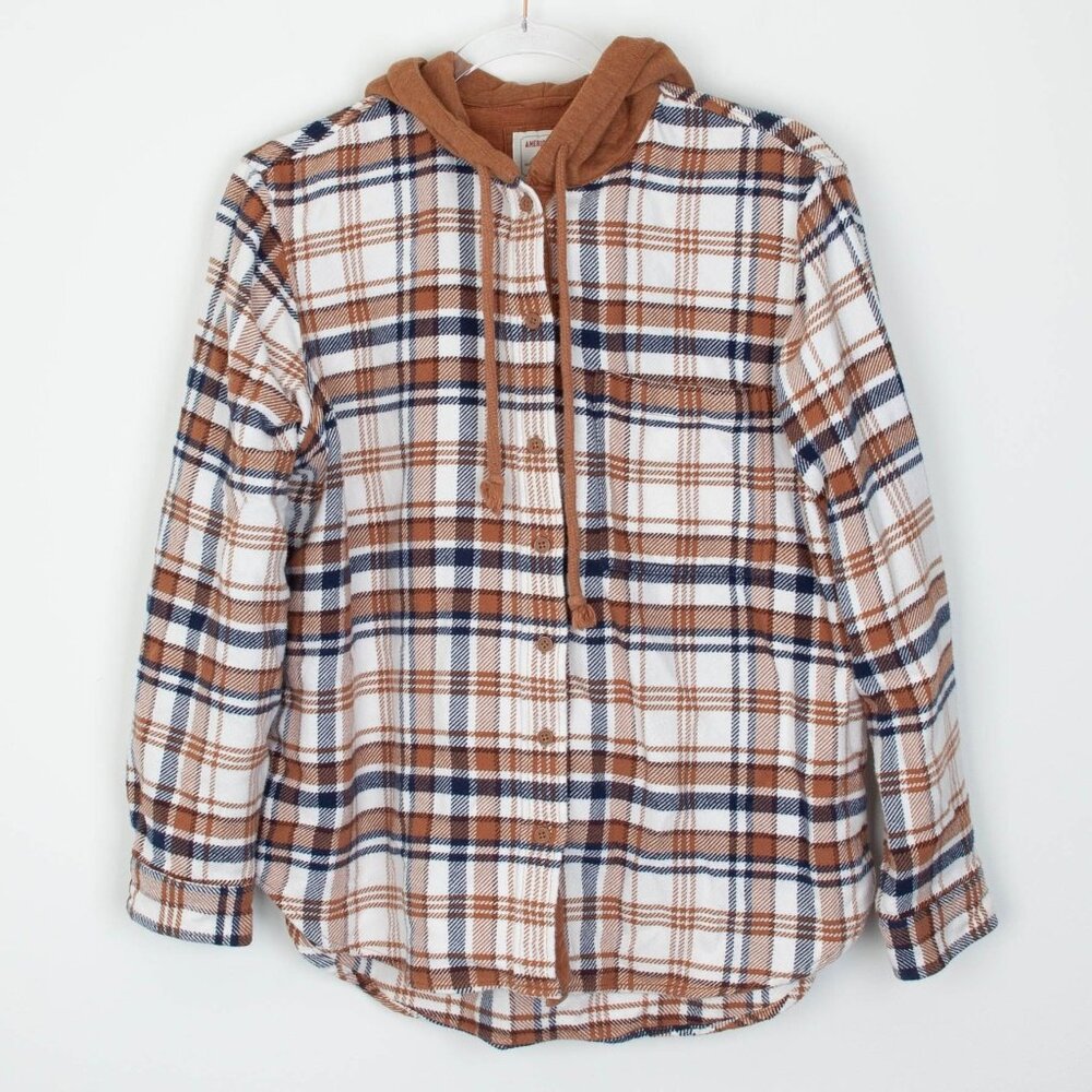 American Eagle Womens Plaid Boyfriend Style Flannel Shirt Size‎ S Brown Hoodie